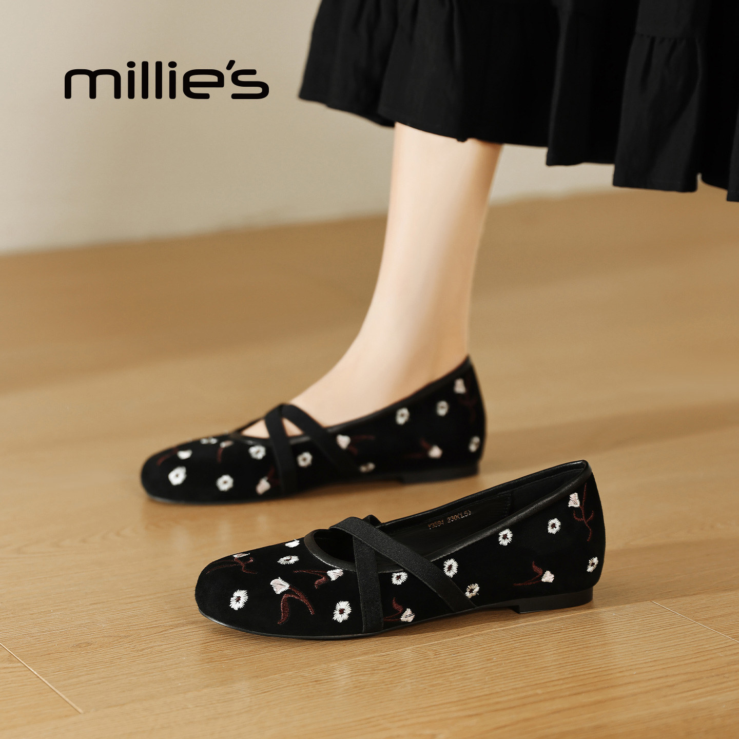 MILLIE'S/妙丽手工刺绣玛丽珍鞋女黑色交叉带芭蕾舞鞋平底单鞋Z,淘宝优惠券,粉丝福利购,淘宝优惠卷