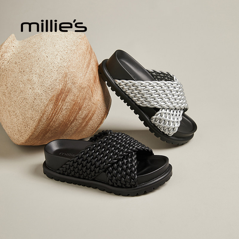 MILLIE'S/妙丽2025夏季新款厚底凉鞋女鞋编织交叉带外穿拖鞋沙滩,淘宝优惠券,粉丝福利购,淘宝优惠卷
