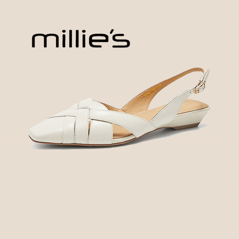 MILLIE'S/妙丽羊皮软底包头凉鞋新款夏季不累脚女鞋舒适平底鞋,淘宝优惠券,粉丝福利购,淘宝优惠卷