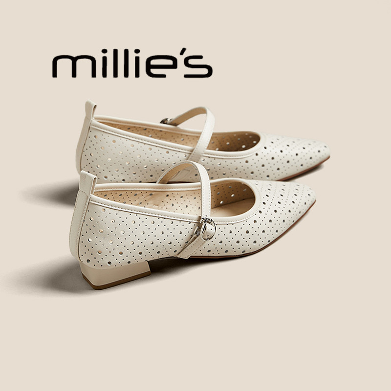 MILLIE'S/妙丽牛皮镂空冲孔玛丽珍鞋女鞋圆头浅口软平底法式单鞋,淘宝优惠券,粉丝福利购,淘宝优惠卷