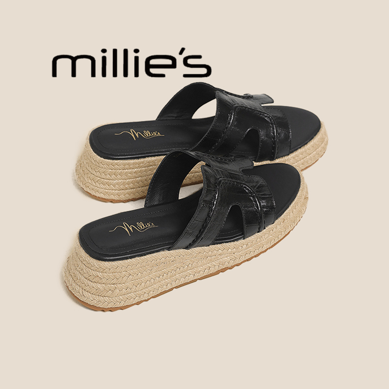 MILLIE'S/妙丽真皮编织增高厚底拖鞋女外穿凉鞋沙滩休闲松糕凉拖 - 图0