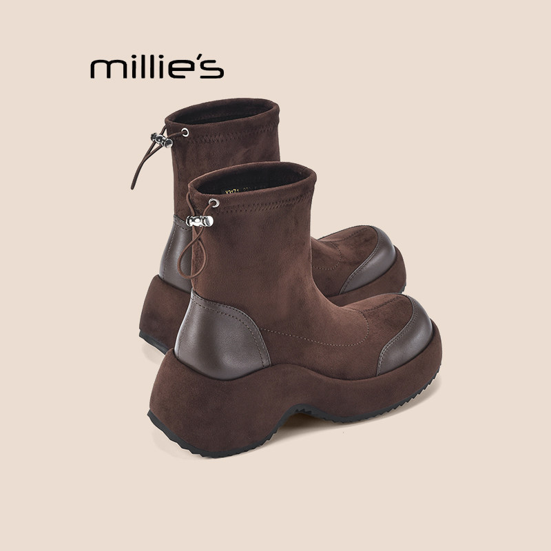 MILLIE'S/妙丽短靴女新款冬季复古小裸靴子女绒面袜靴弹力瘦瘦靴Q,淘宝优惠券,粉丝福利购,淘宝优惠卷
