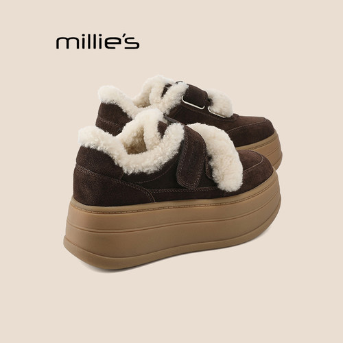 MILLIE'S/妙丽增高毛毛潮鞋冬季羊羔毛厚底鞋女休闲加绒保暖棉鞋Q - 图2