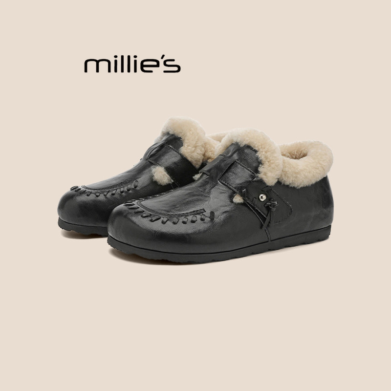 MILLIE'S/妙丽复古加绒全包真皮勃肯鞋冬季新款平底保暖毛毛鞋女Q,淘宝优惠券,粉丝福利购,淘宝优惠卷