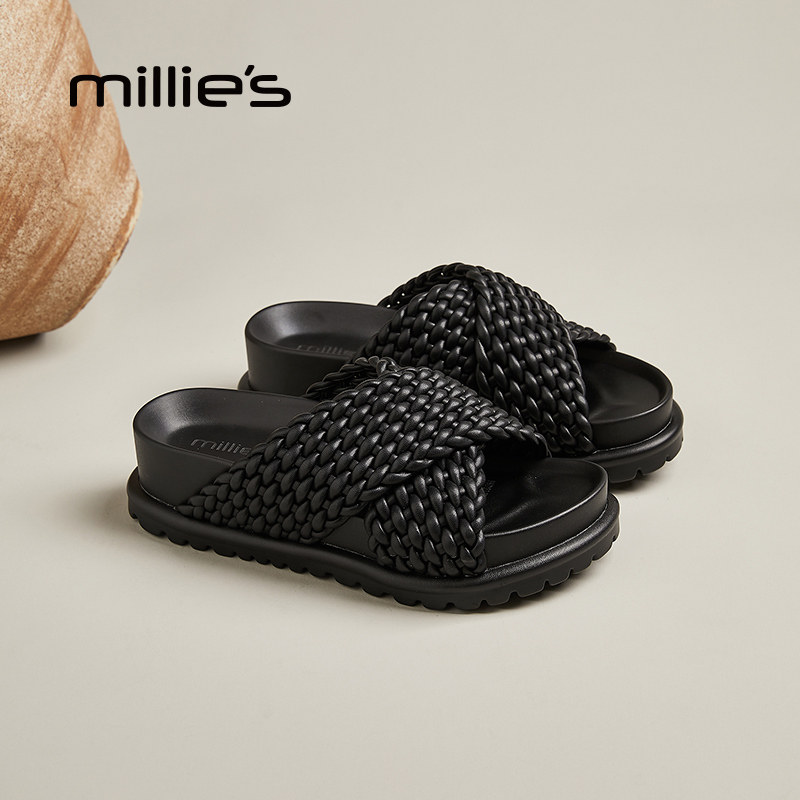 MILLIE'S/妙丽2025夏季新款厚底凉鞋女鞋编织交叉带外穿拖鞋沙滩,淘宝优惠券,粉丝福利购,淘宝优惠卷