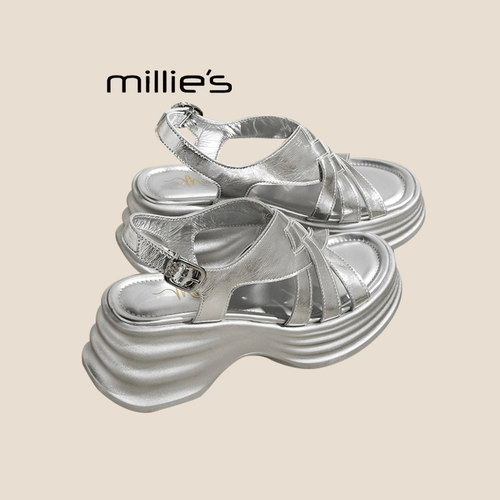 MILLIE'S/妙丽松糕厚底时装凉鞋女夏季真皮新款露趾防水台凉鞋 - 图1