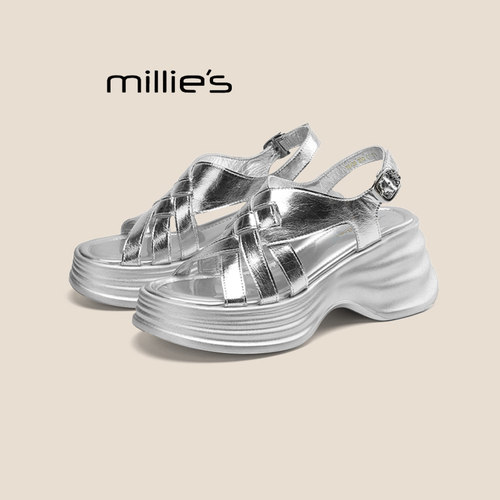 MILLIE'S/妙丽松糕厚底时装凉鞋女夏季真皮新款露趾防水台凉鞋 - 图0