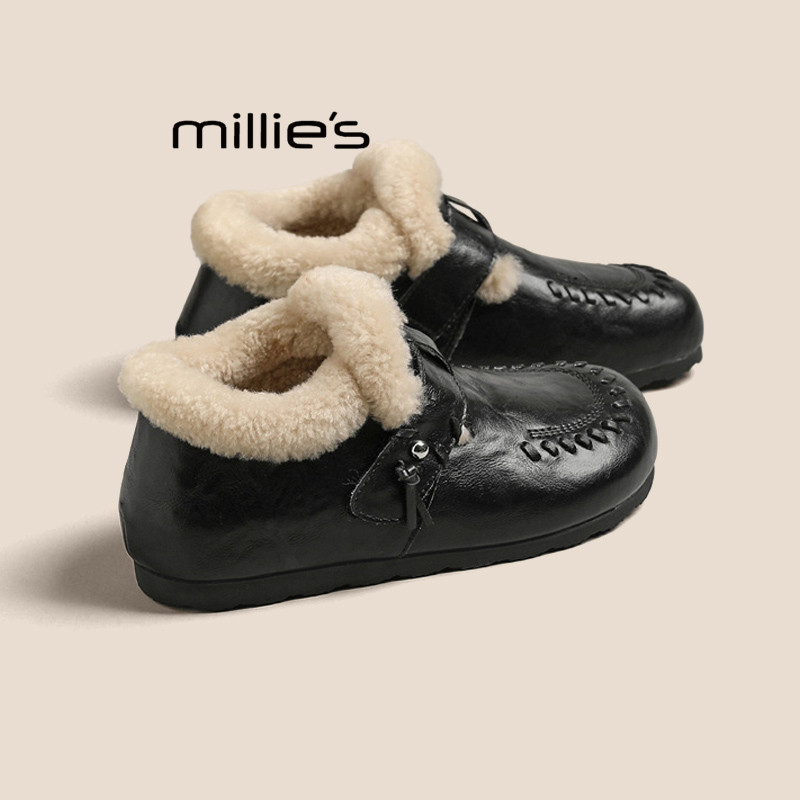 MILLIE'S/妙丽复古加绒全包真皮勃肯鞋冬季新款平底保暖毛毛鞋女Q,淘宝优惠券,粉丝福利购,淘宝优惠卷