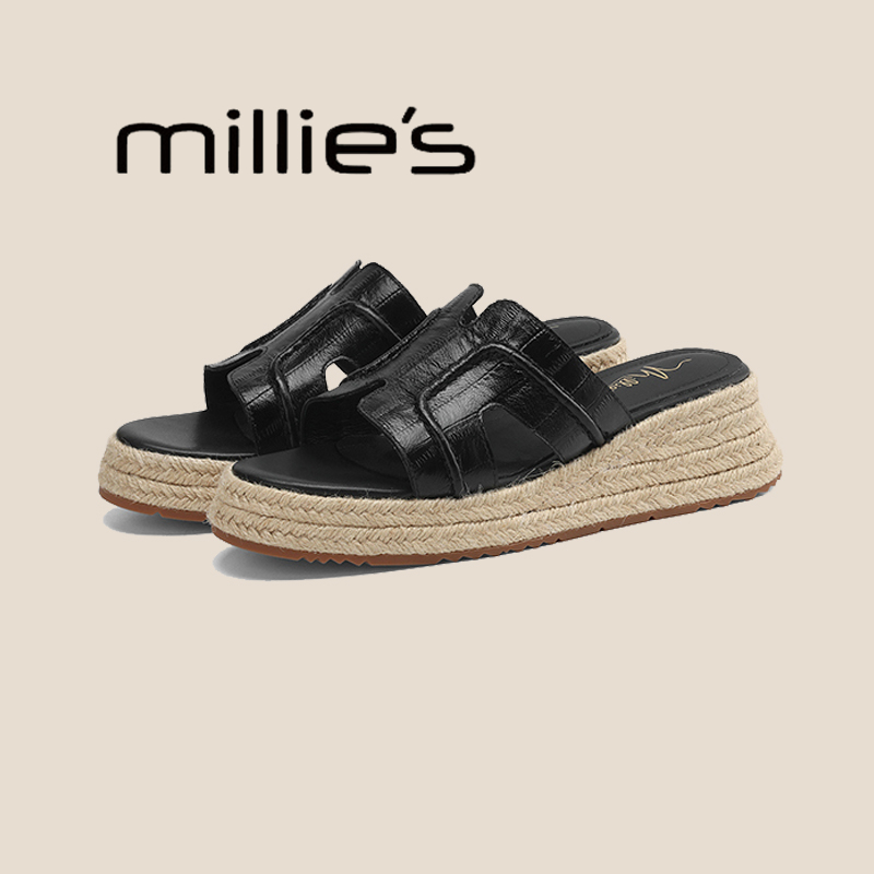 MILLIE'S/妙丽真皮编织增高厚底拖鞋女外穿凉鞋沙滩休闲松糕凉拖 - 图1