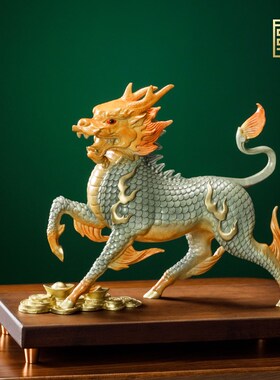 优选黄铜招财麒麟摆件一对公母办公室装饰工艺品公司搬迁开业乔迁