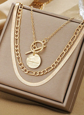 Necklace欧美饰品硬币蛇骨链三层项链女复古多层硬币吊坠OT扣项链
