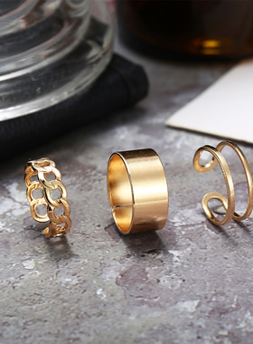 Ring Sets欧美嘻哈冷淡风戒指个性宽面开口食指戒链条关节戒尾戒