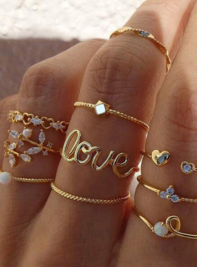 Women Ring Jewelry星月戒指爱心树叶戒指创意复古关节戒指套装女