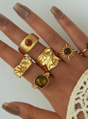 Women Ring Gift欧美复古波西米亚风叠戴指环小众设计感戒指套装
