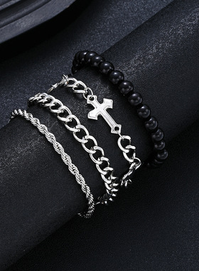 Men Bracelet Gift不锈钢十字架串珠手链4件简约链条手工串珠手链