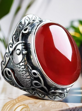 Men Ring Jewelry如鱼得水铜镀银复古双鱼仿黑红玛瑙戒指男款活口