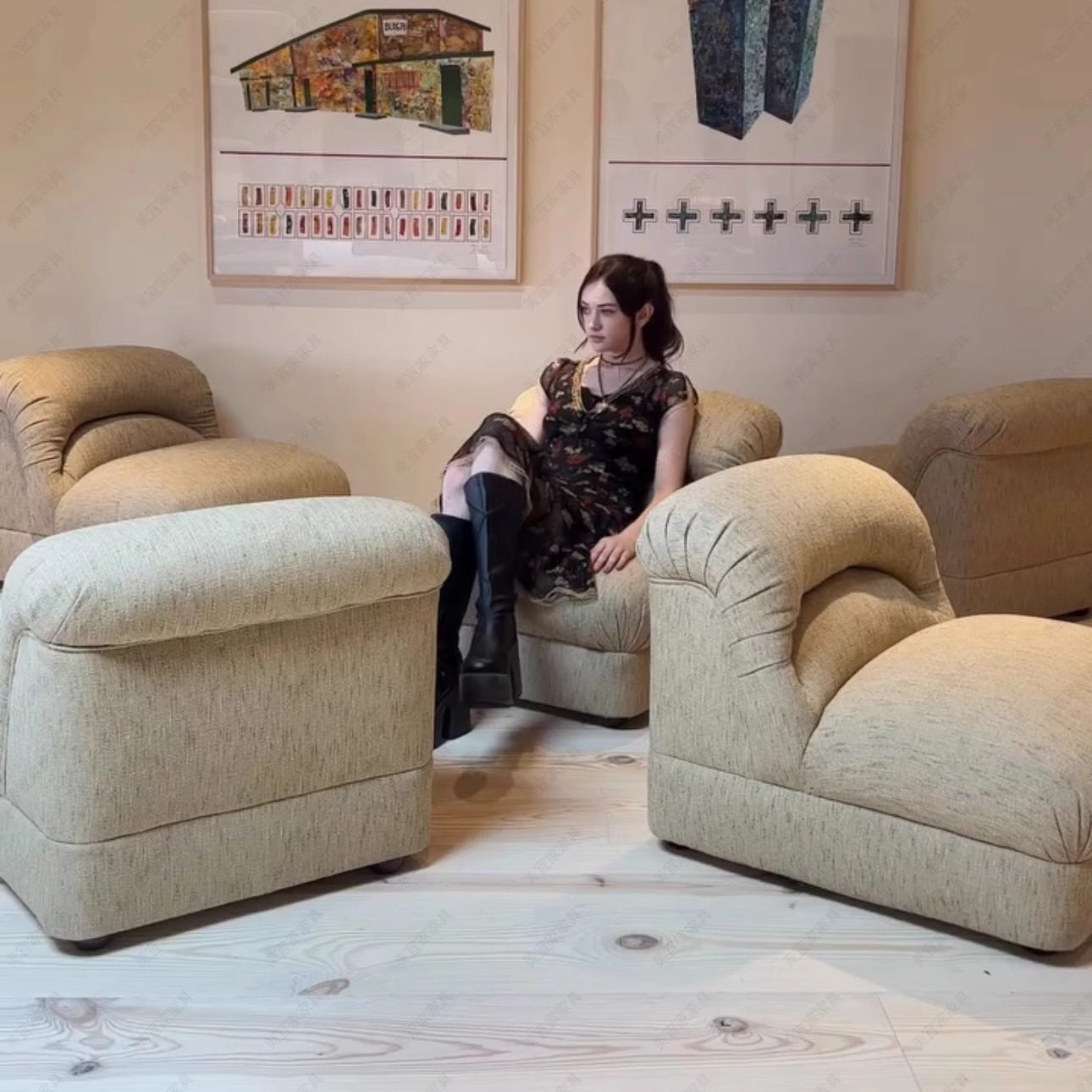 奶油风设计师褶皱单人布艺沙发诧寂风大小户型客厅沙发椅客厅组合,淘宝优惠券,粉丝福利购,淘宝优惠卷