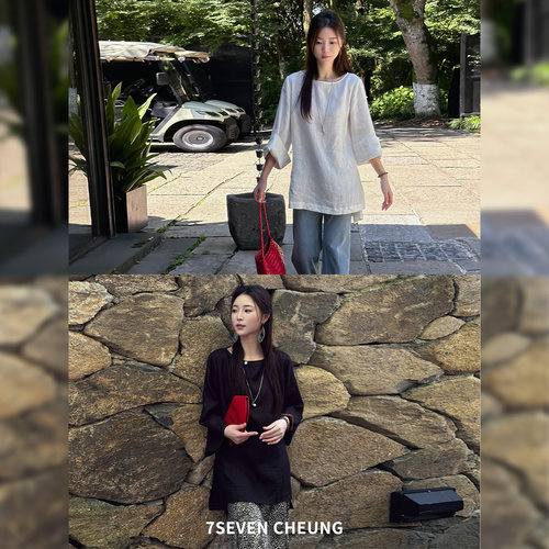 7SEVEN 100亚麻~纯色休闲廓形插肩袖圆领百搭短袖宽松衬衫上衣女 - 图2