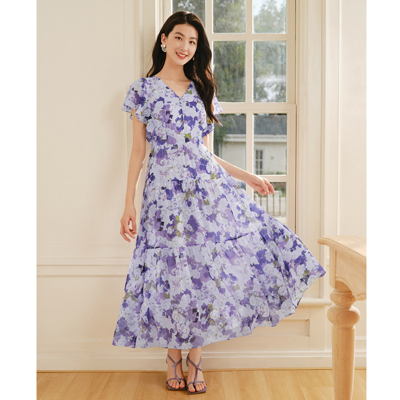 珂莱商场同款女装2025夏季新款紫色优雅收腰飘逸印花短袖连衣裙子