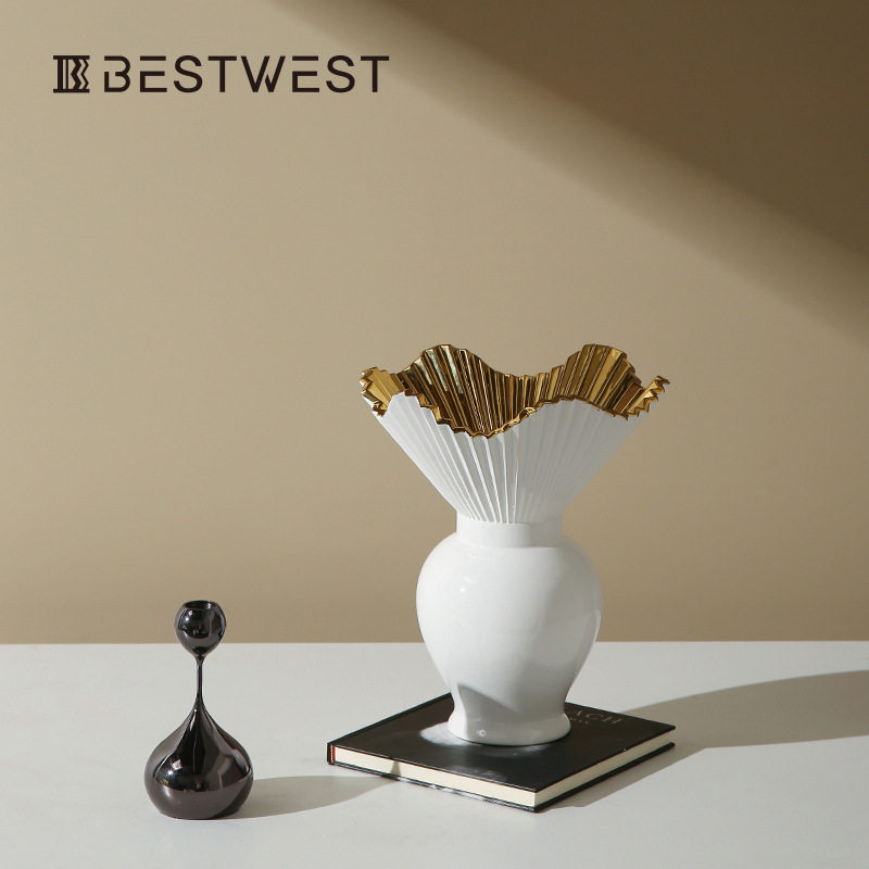 Best west 珠光白轻奢荷叶边陶瓷大肚花瓶家居玄关客厅桌面花器,淘宝优惠券,粉丝福利购,淘宝优惠卷