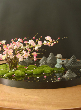 新中式大圆桌电动转盘中间装饰花艺摆设酒店餐桌花仿真微景观摆件