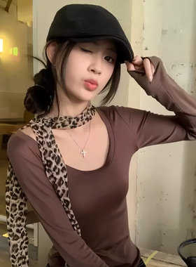 复古咖色豹纹丝巾腰带百搭