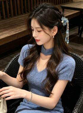 新中式蓝色花朵流苏发簪汉服