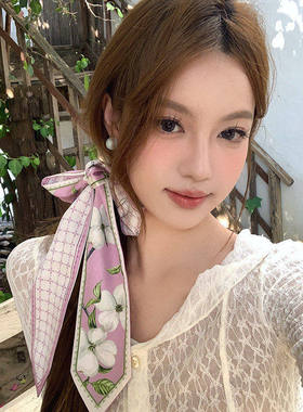 夏季显白碎花飘带丝巾绑发绑包