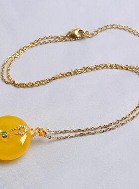 蜜蜡项链水滴平安扣鸡油黄吊坠金色夹扣锁骨链简约琥珀饰品男女款