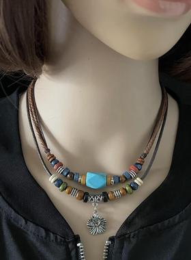 项炼2024年新款女夏锁骨小众饰品不掉色ins配饰绿松石覆古民族风