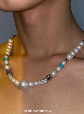 小雏菊镶钻珍珠项链男潮女夏ins嘻哈中性小众设计感锁骨链情侣