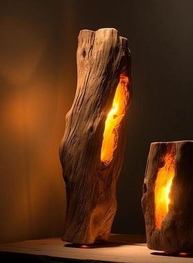 侘寂风台灯实木创意整木摆件灯具风化树桩柜台装饰氛围灯复古民宿