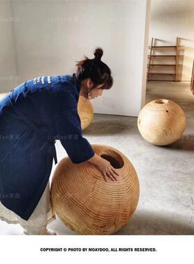 侘寂风木墩球形摆件炭化黑色民宿酒店创意插花饰品圆球形实木花器