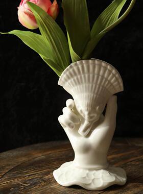 MUSe Garden质感造型全满分 复古贝壳贵妇手掌陶瓷花插中古名片架