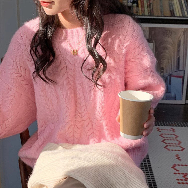 蓝色麻花毛衣女秋冬小个子宽松慵懒风内搭打底针织衫加厚圆领上衣,淘宝优惠券,粉丝福利购,淘宝优惠卷