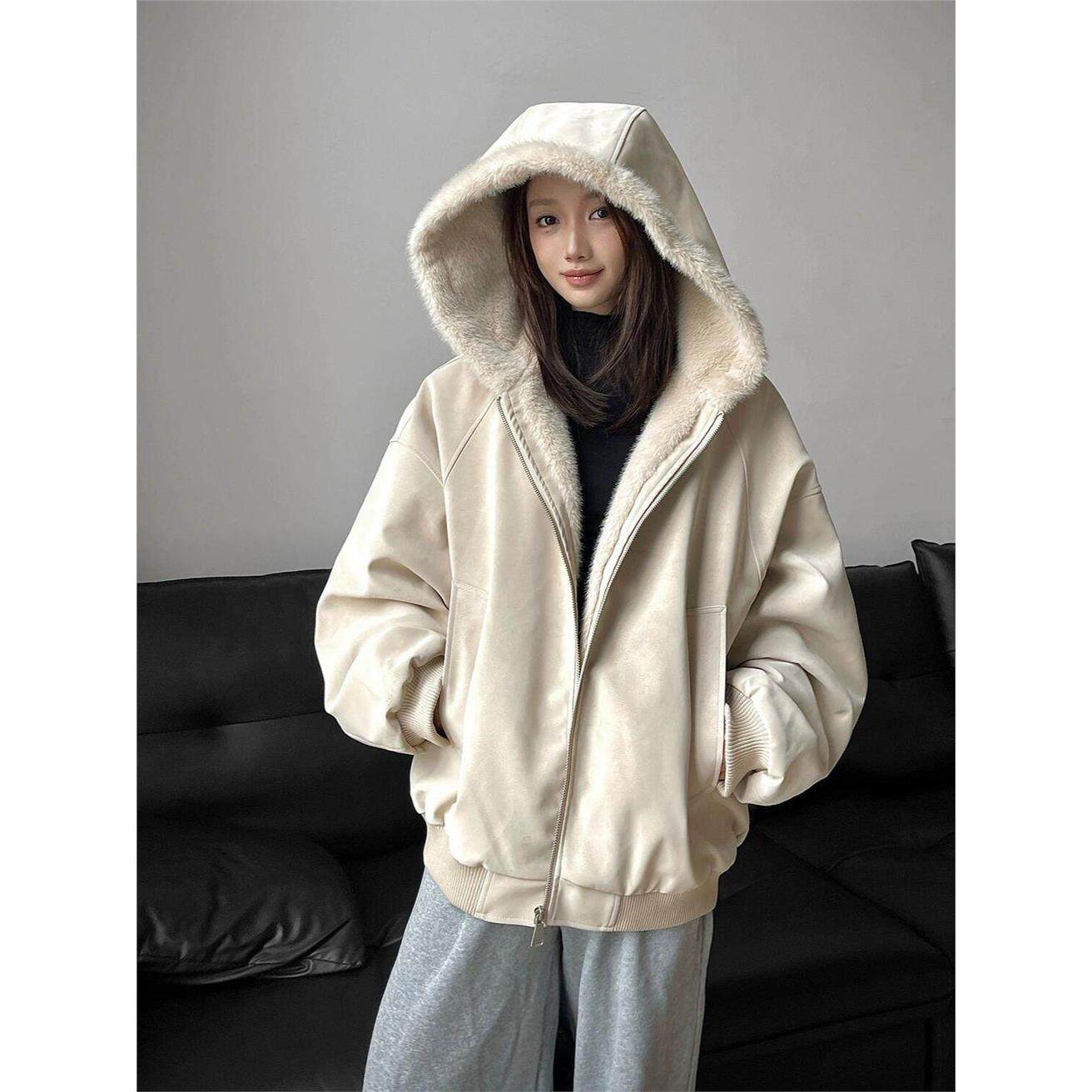 美式连帽座山雕皮衣外套棉服男女款冬季加绒加厚保暖毛领棉衣夹克,淘宝优惠券,粉丝福利购,淘宝优惠卷