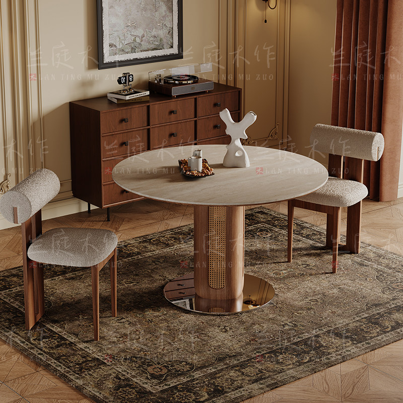 德利丰岩板洞石桌中古圆桌复古编藤腿圆形餐桌法式包豪斯实木饭桌,淘宝优惠券,粉丝福利购,淘宝优惠卷