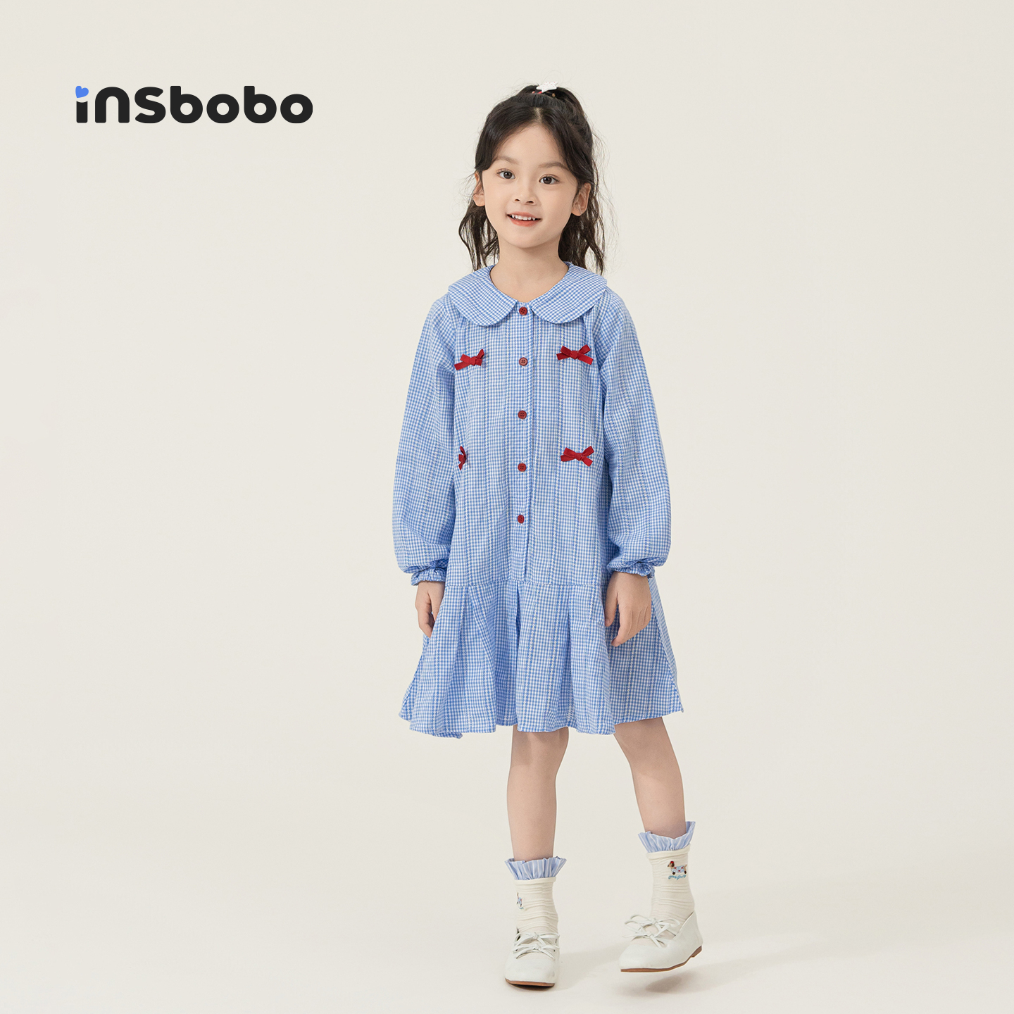 INSbobo女童连衣裙秋装新款儿童长袖裙子女孩甜美娃娃领衣服童装 - 图2