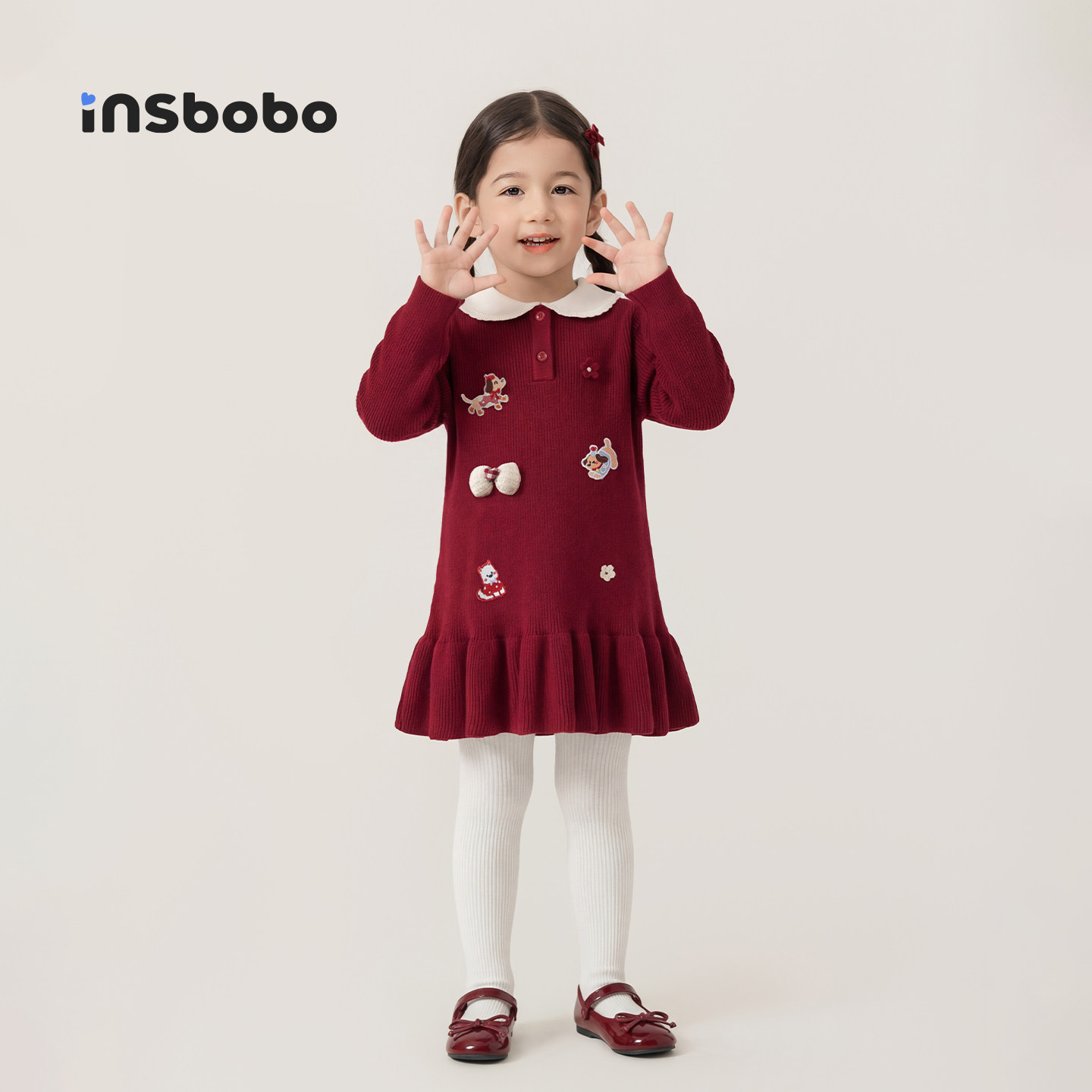 INSbobo童装女童红色连衣裙儿童拜年服过年冬裙女孩公主裙毛衣裙,淘宝优惠券,粉丝福利购,淘宝优惠卷