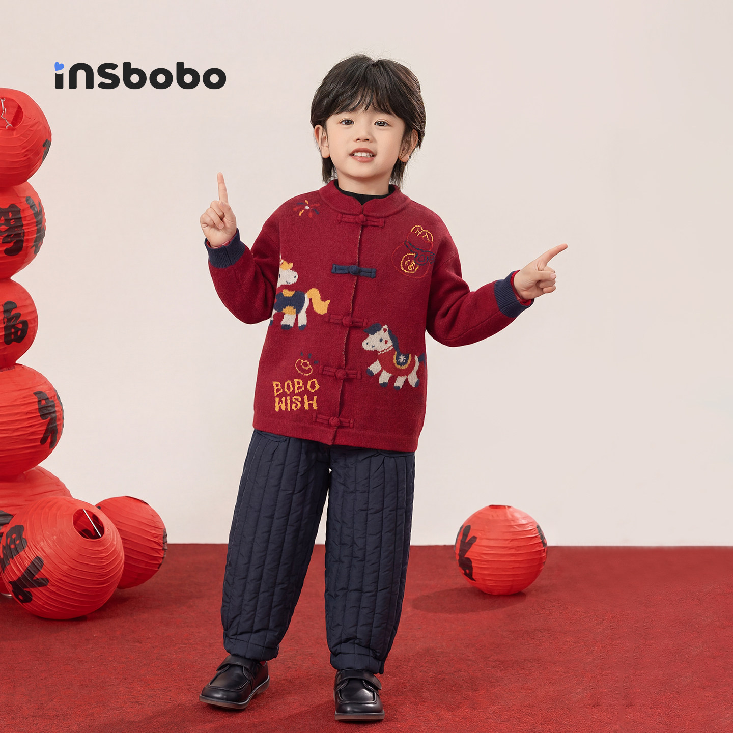 INSbobo童装儿童汉服毛衣外套女童新中式针织衫男童红色拜年服冬,淘宝优惠券,粉丝福利购,淘宝优惠卷