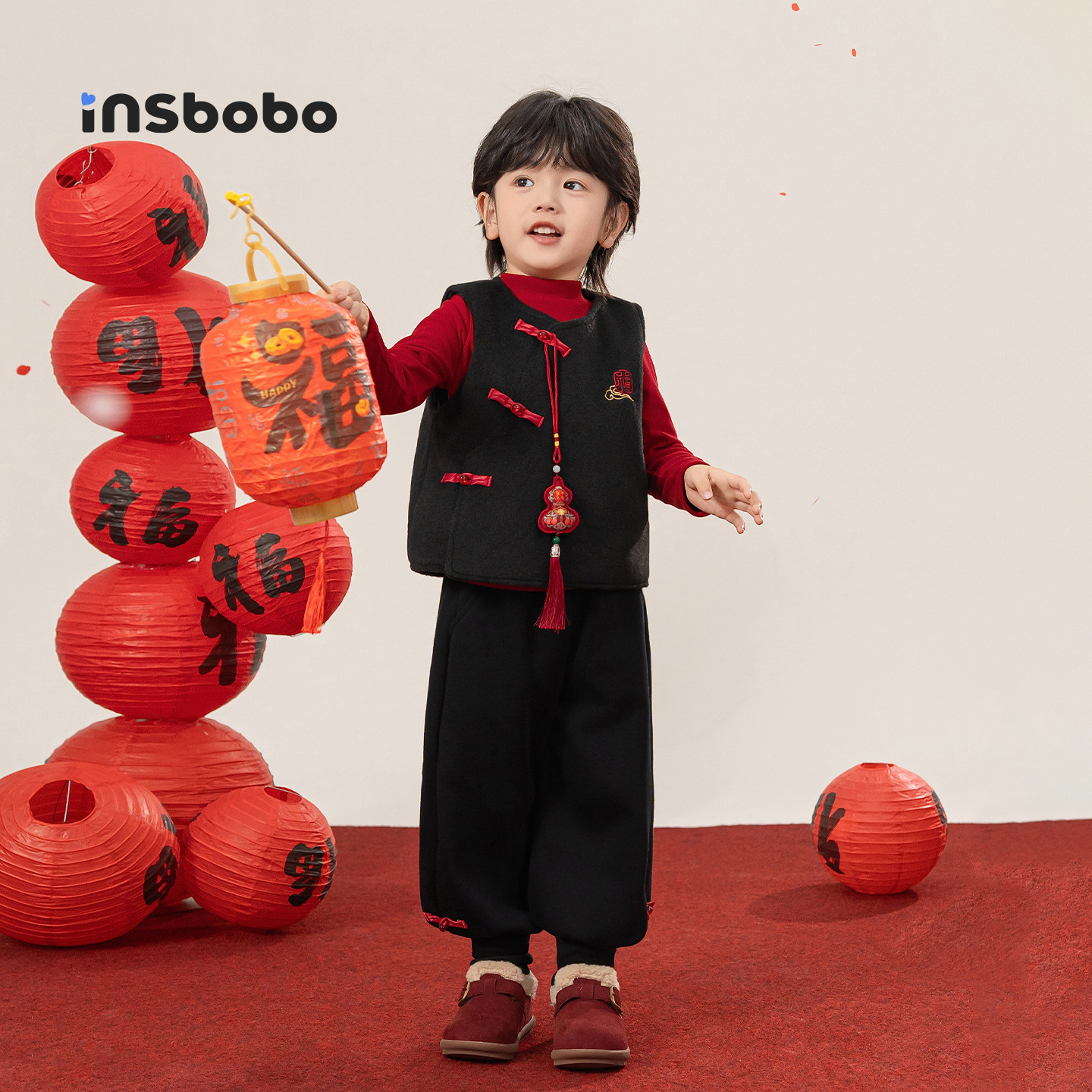 INSbobo童装儿童汉服套装男童周岁礼服女童红色马甲拜年服t恤长裤,淘宝优惠券,粉丝福利购,淘宝优惠卷