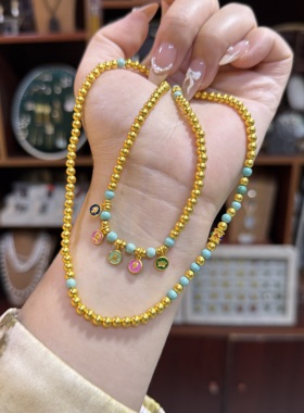 金包银手链多圈平安喜乐圆珠吊坠