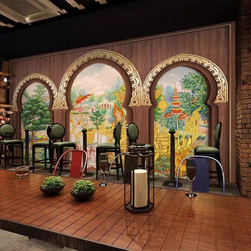 泰式风格壁画按摩店墙纸印度墙布SPA养生馆装饰贴画泰国风情壁纸,淘宝优惠券,粉丝福利购,淘宝优惠卷