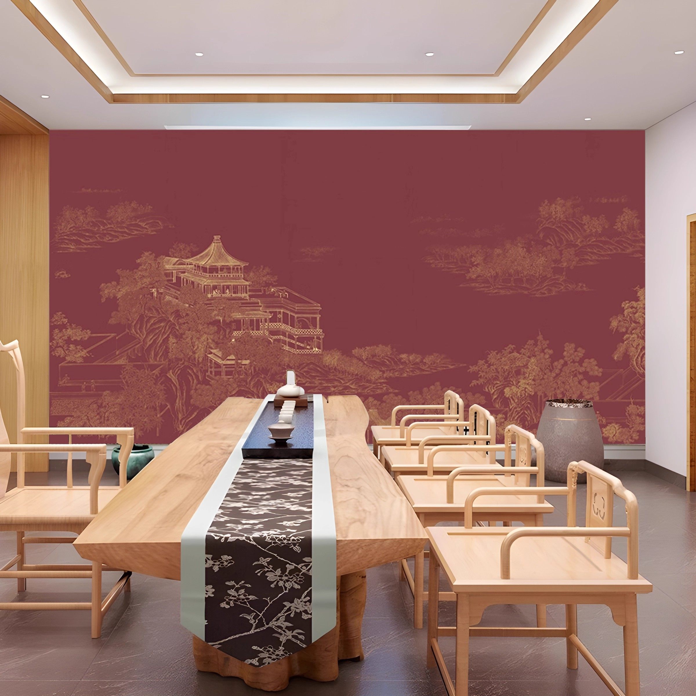 中式墙纸红色复古中国风包间背景墙壁画大气立体山水楼阁宫殿壁纸,淘宝优惠券,粉丝福利购,淘宝优惠卷