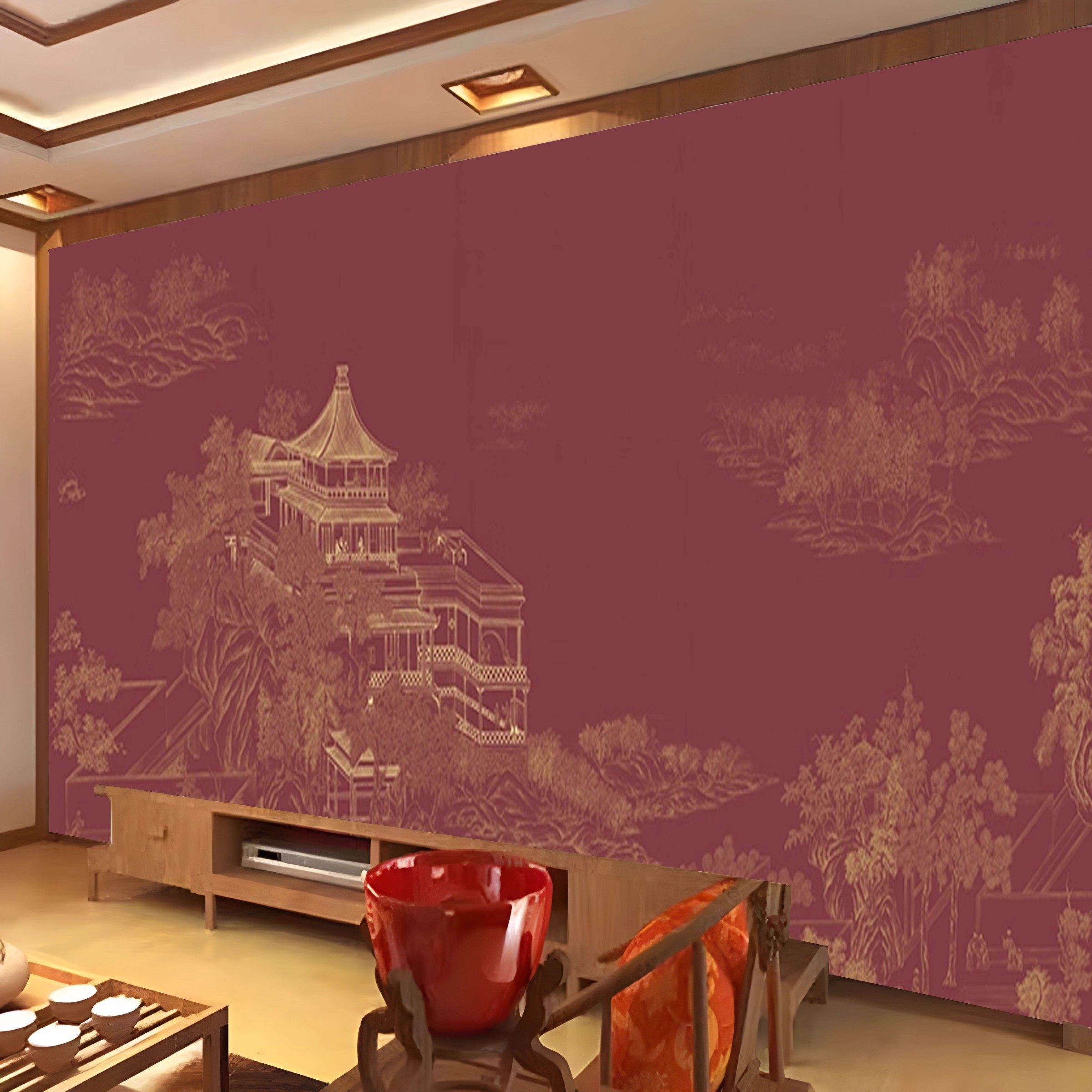 中式墙纸红色复古中国风包间背景墙壁画大气立体山水楼阁宫殿壁纸,淘宝优惠券,粉丝福利购,淘宝优惠卷