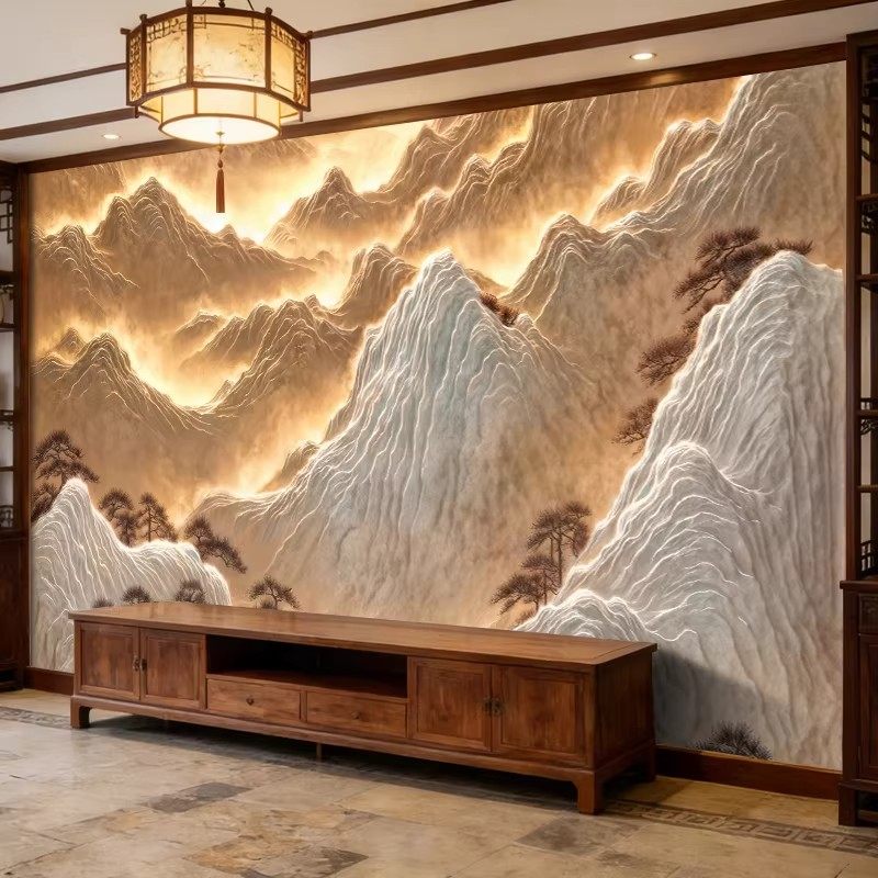 新中式客厅背景墙定制壁画3D立体浮雕山水松树墙布影视墙壁布高档,淘宝优惠券,粉丝福利购,淘宝优惠卷