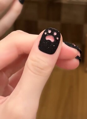 【黑夜甜心】纯手工穿戴甲显白甜酷黑粉猫爪猫眼美甲短款可拆卸贴