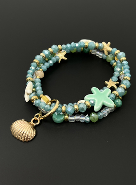 Vintage古着 Green beads starfish stacked bracelet手链