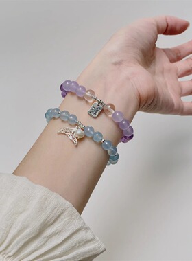 海蓝宝珍珠银天然水晶手链闺蜜