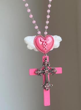 亚比风芭比粉爱心翅膀十字架项链